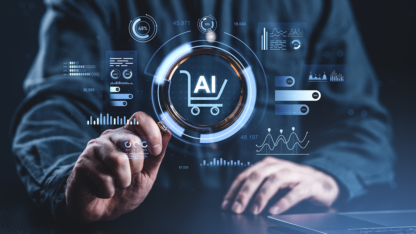 A person holding a magnifying glass over a glowing AI shopping cart icon, representing AI-driven retail and agentic commerce.